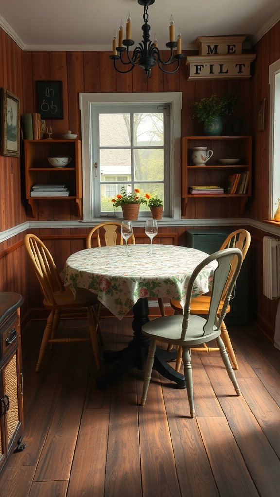 A cozy dining nook in a vintage farmhouse kitchen with a round table, wooden chairs, and warm wood paneling.