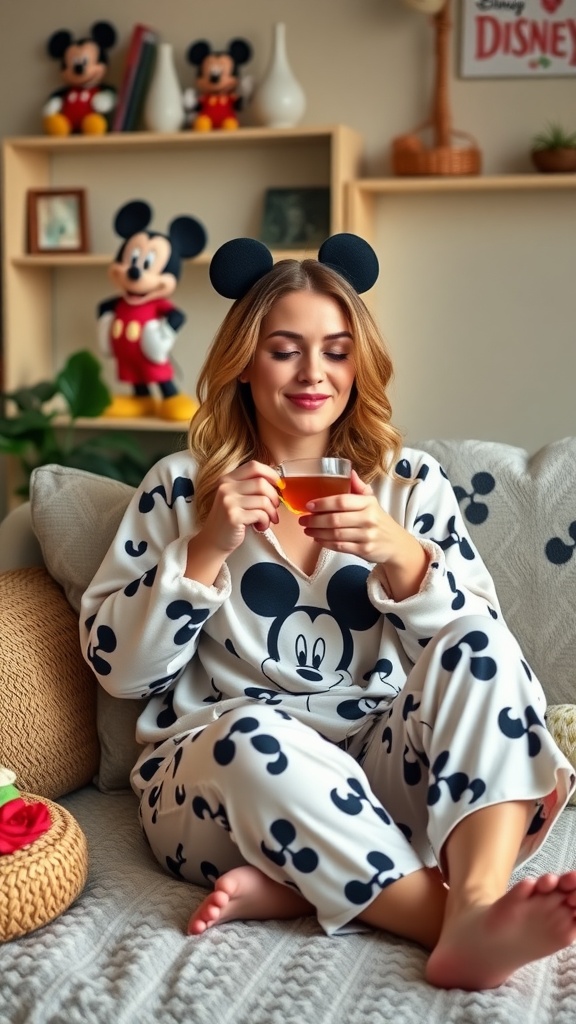 A woman wearing Mickey Mouse pajamas and mouse ears, enjoying a drink at home.