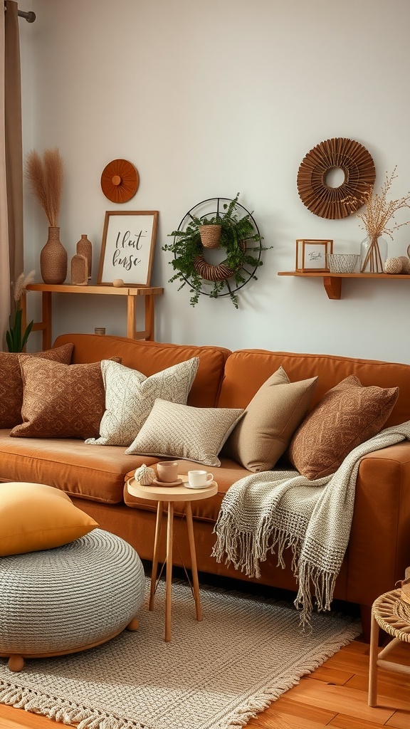 Cozy living room with a brown couch, textured pillows, and warm decor