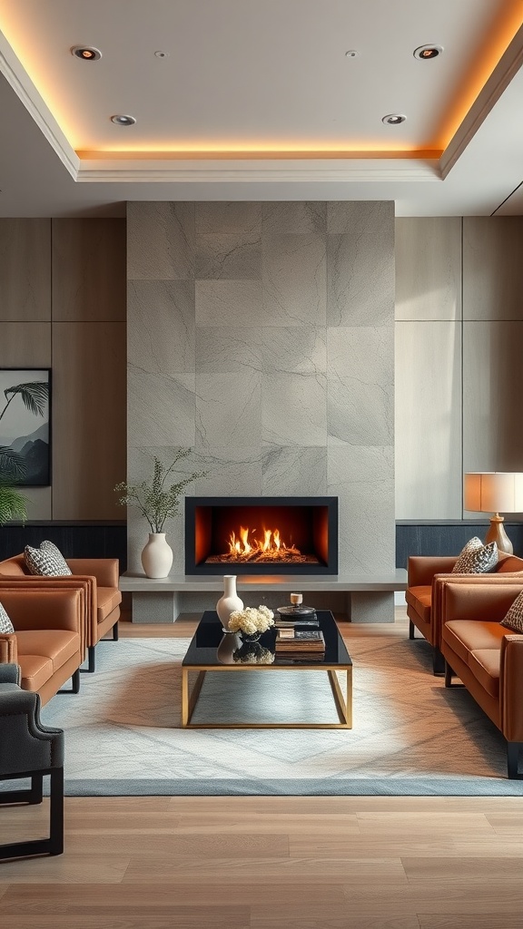A modern living room featuring a sleek fireplace, cozy seating, and warm lighting.