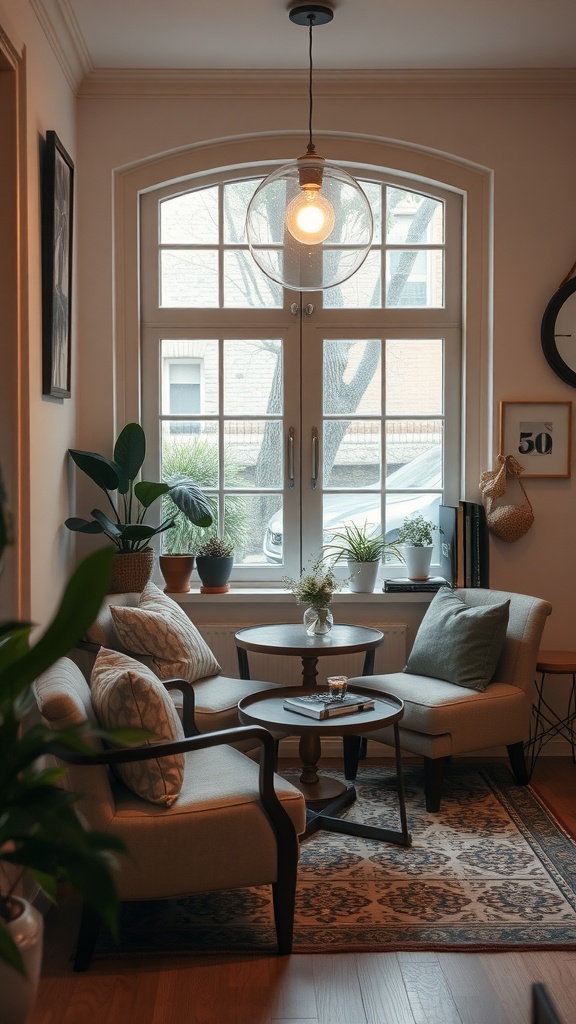 A cozy coffee nook with soft chairs, a round table, and plants by the window.