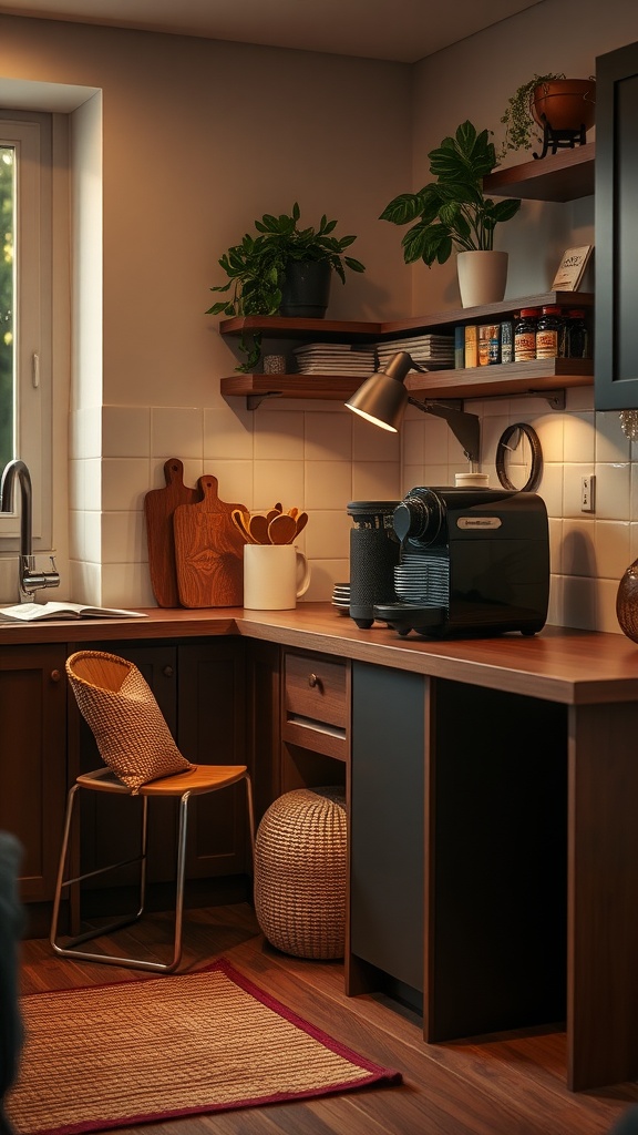 Cozy home coffee nook with Nespresso machine, plants, and wooden decor
