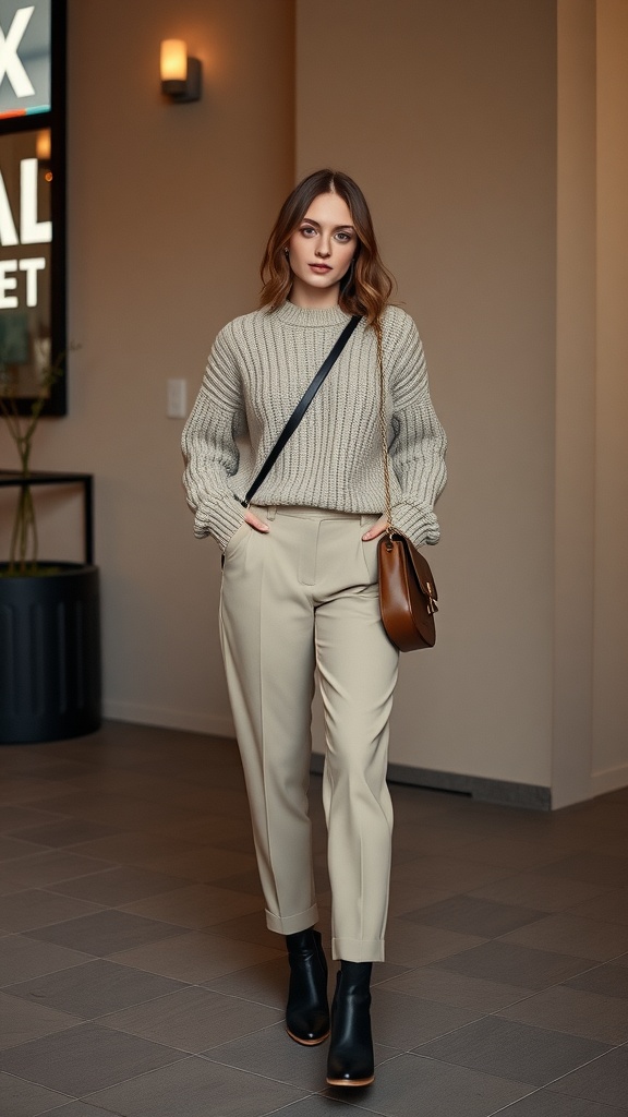 A woman wearing a cozy knit sweater and tailored trousers, styled for a casual dinner.