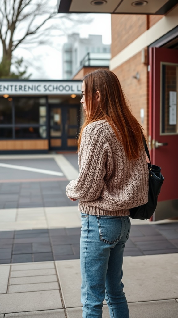 A student wearing a cozy knit sweater and high-waisted jeans stands outside a school.
