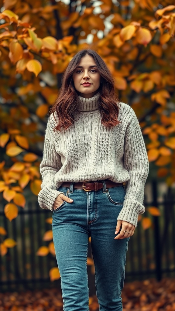 A woman wearing a cozy knit sweater and high-waisted jeans standing in front of autumn leaves