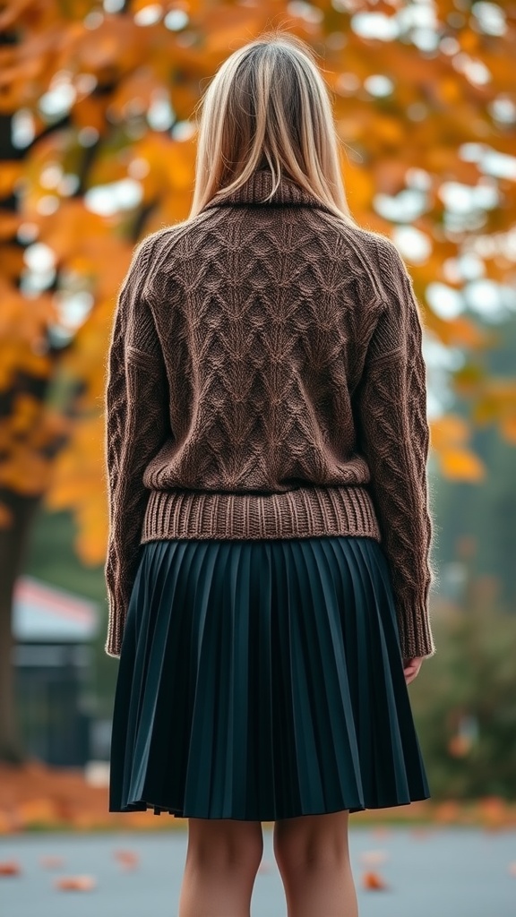 A woman wearing a cozy brown knit sweater and a pleated black skirt, standing in front of autumn leaves.