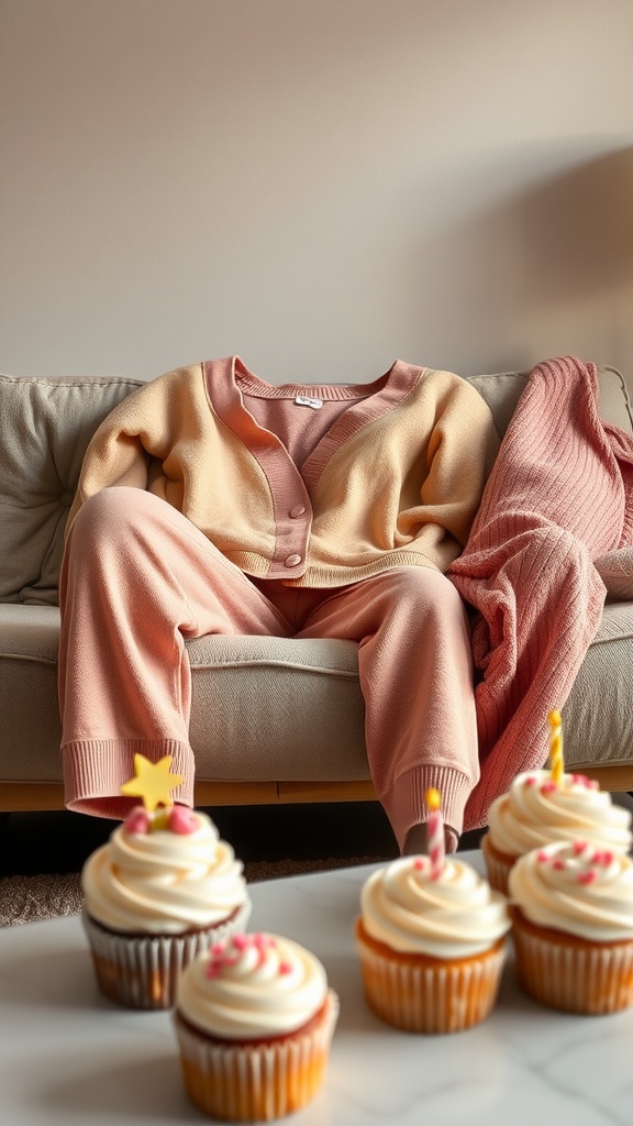 Cozy loungewear outfit on a sofa with cupcakes in the foreground