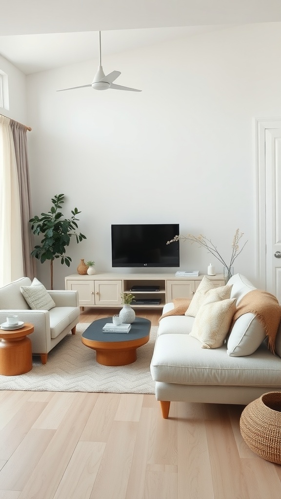 A cozy, minimalist living room featuring light-colored sofas, wooden furniture, and a green plant.