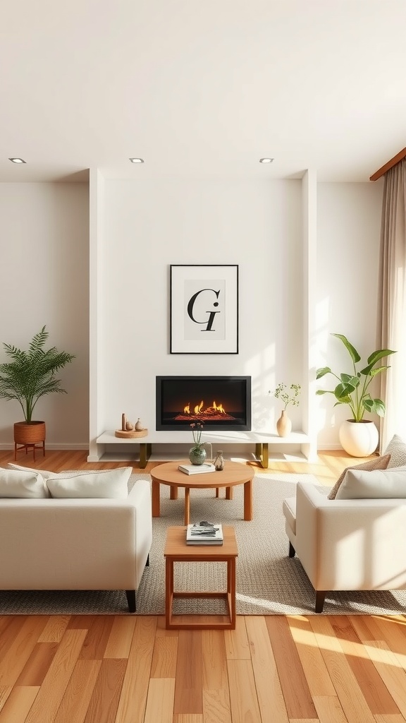 A cozy minimalist living room with beige sofas, a fireplace, plants, and wooden accents.