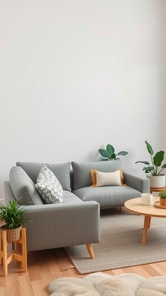 Minimalist grey sofa with decorative pillows, wooden coffee table, and plants in a cozy living room setting.