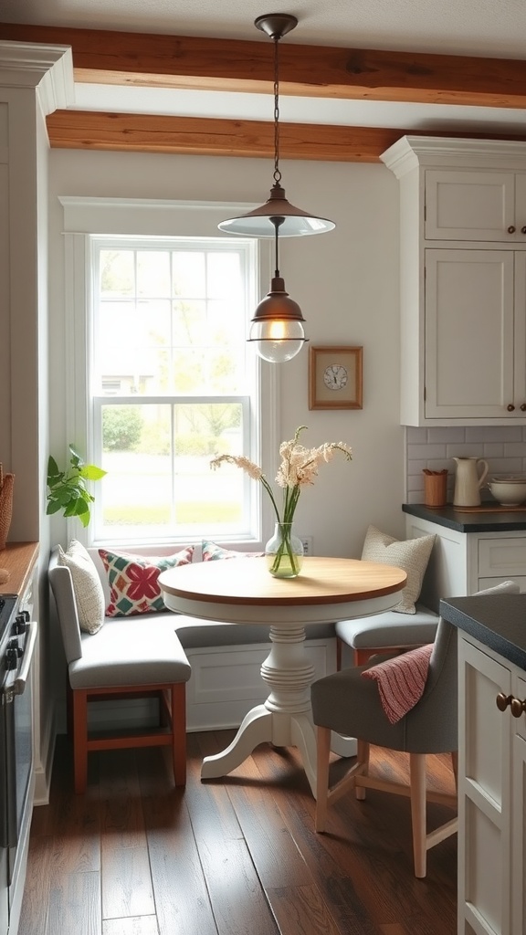 Cozy dining nook in a modern farmhouse kitchen with circular table, cushions, and natural light.