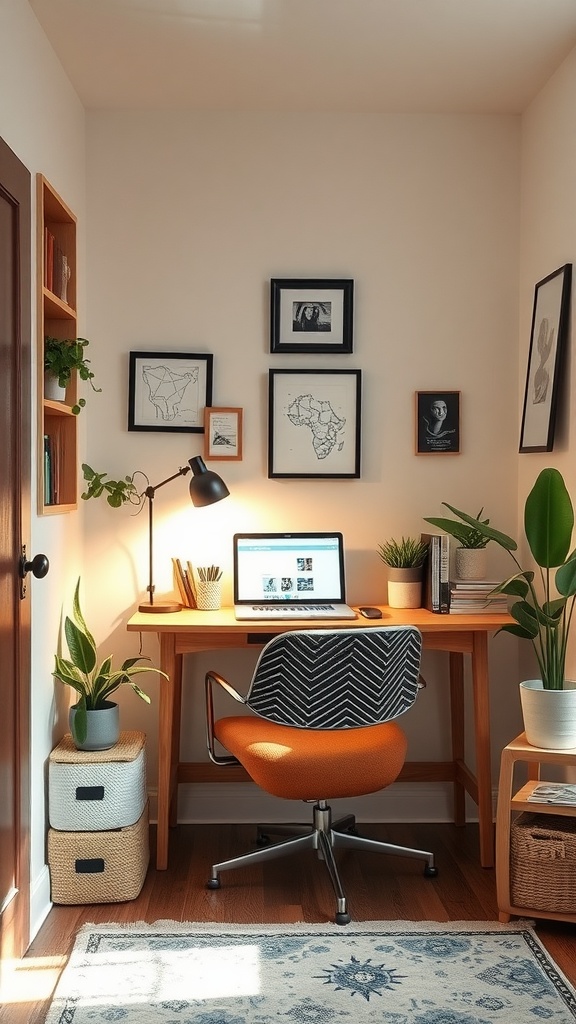 A cozy home office nook with a wooden desk, laptop, vibrant chair, plants, and framed artwork.