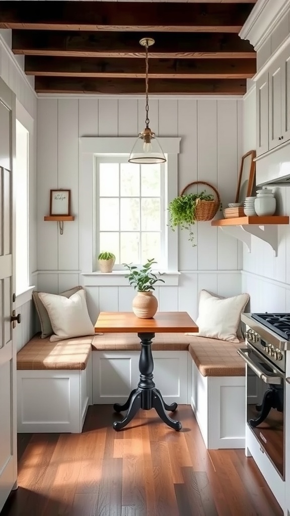 Cozy kitchen nook with built-in benches and a small table.