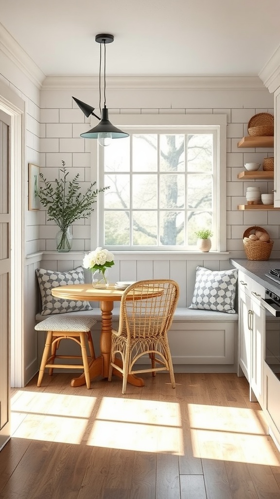 Cozy farmhouse kitchen nook with a round table, rattan chairs, and bright natural light.