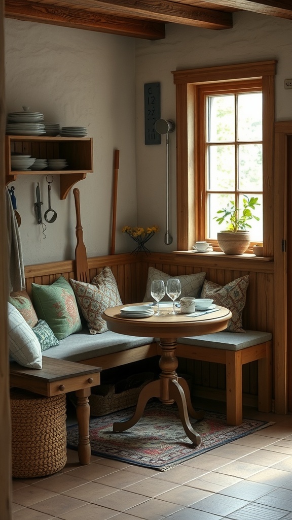 Cozy rustic kitchen nook with a wooden bench and round table