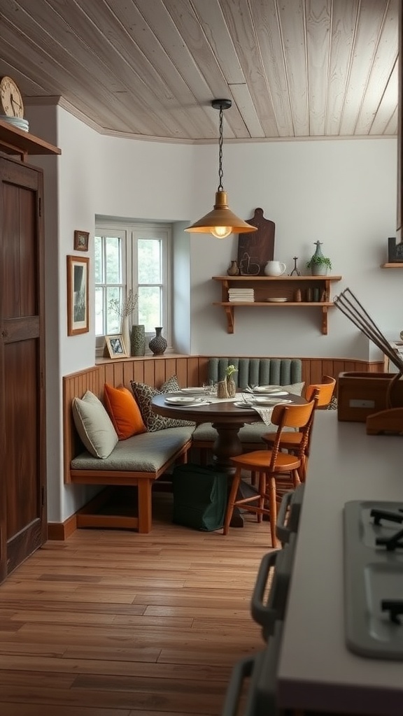 Cozy rustic kitchen nook with round table and cushioned seating