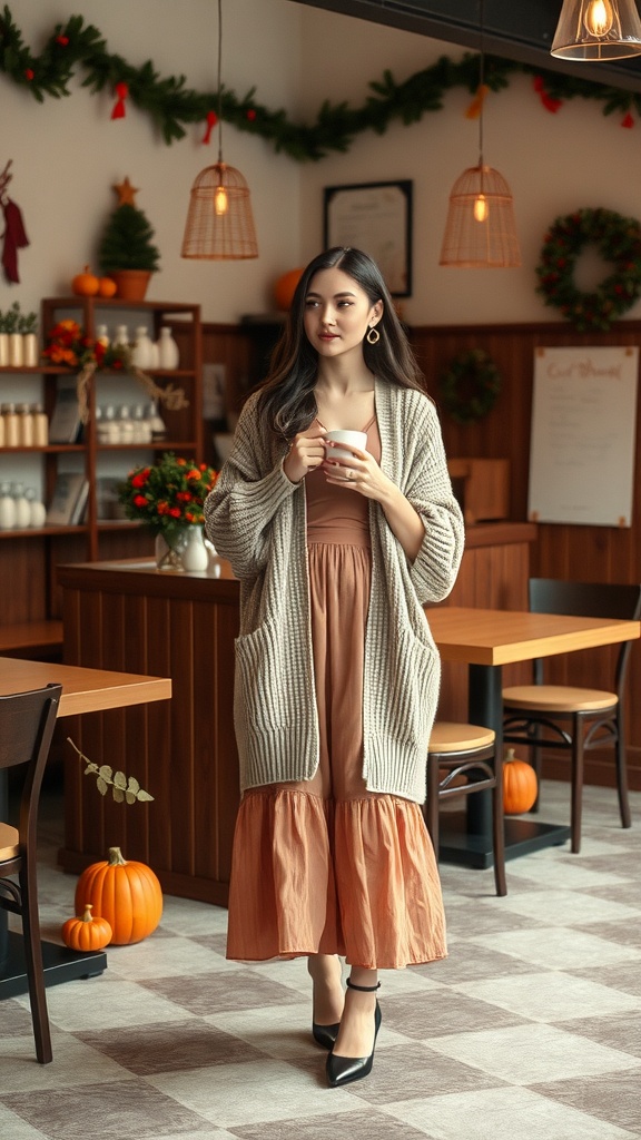 A woman in a cozy oversized cardigan over a midi dress, holding a cup in a decorated cafe with autumn elements.