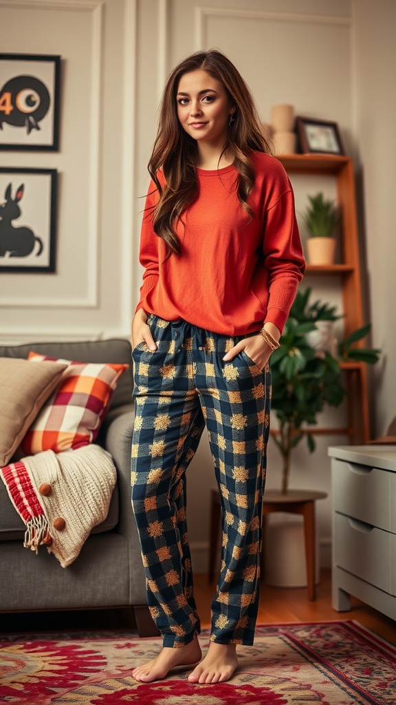 A young woman wearing cozy pajama pants with a stylish red sweater, standing in a well-decorated living room.