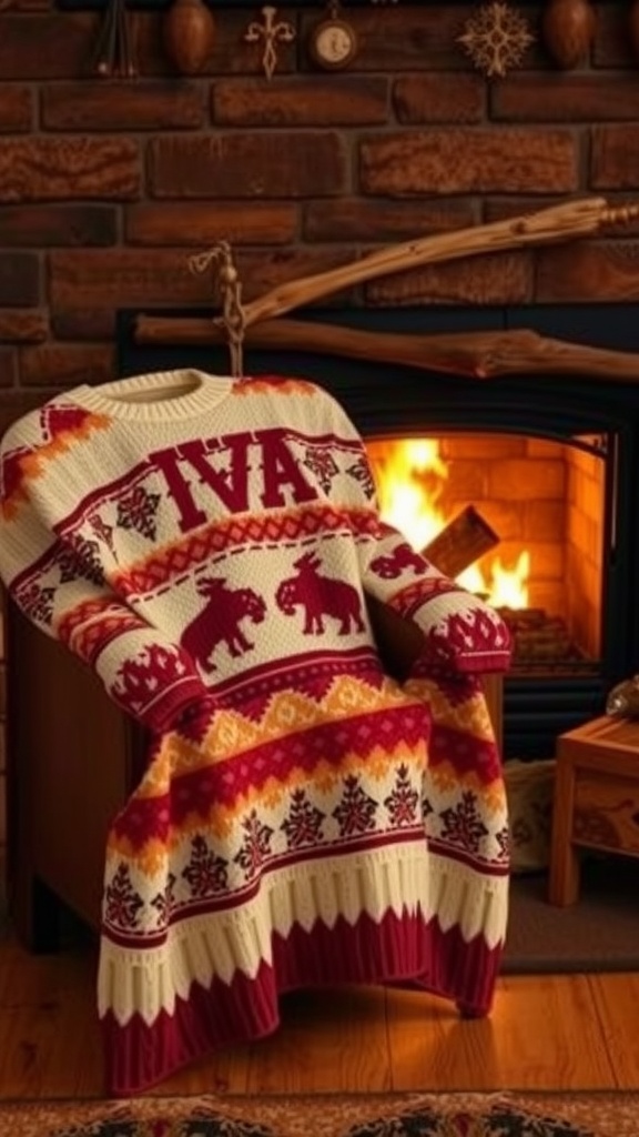 A cozy plus size sweater draped over an armchair next to a fire, featuring a colorful western design.