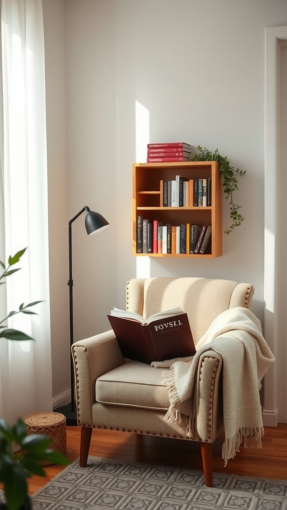 Cozy reading nook with an armchair, a floor lamp, and a small bookshelf