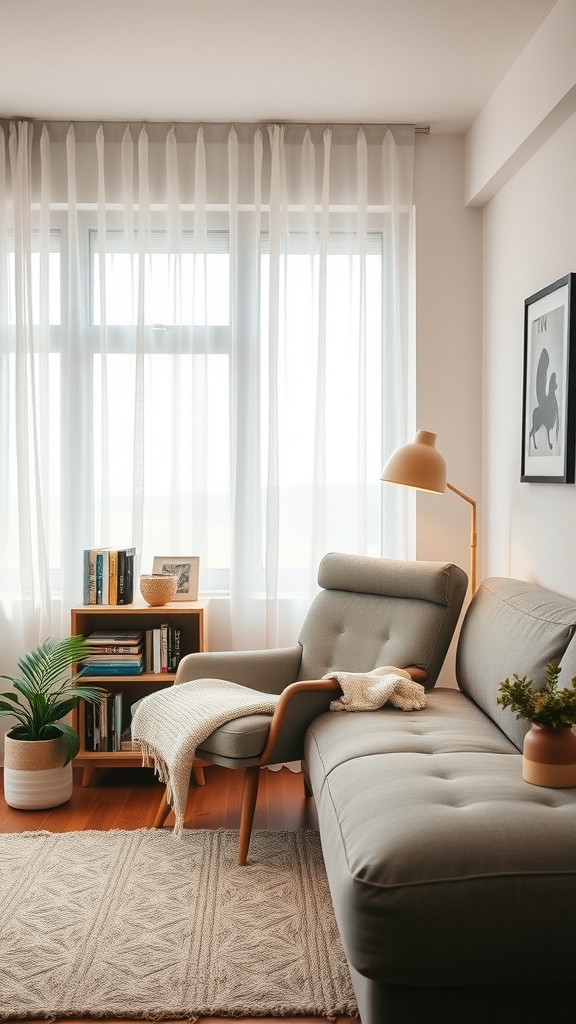 A cozy reading nook in a modern living room featuring a gray sofa, armchair, and bookshelf by the window.