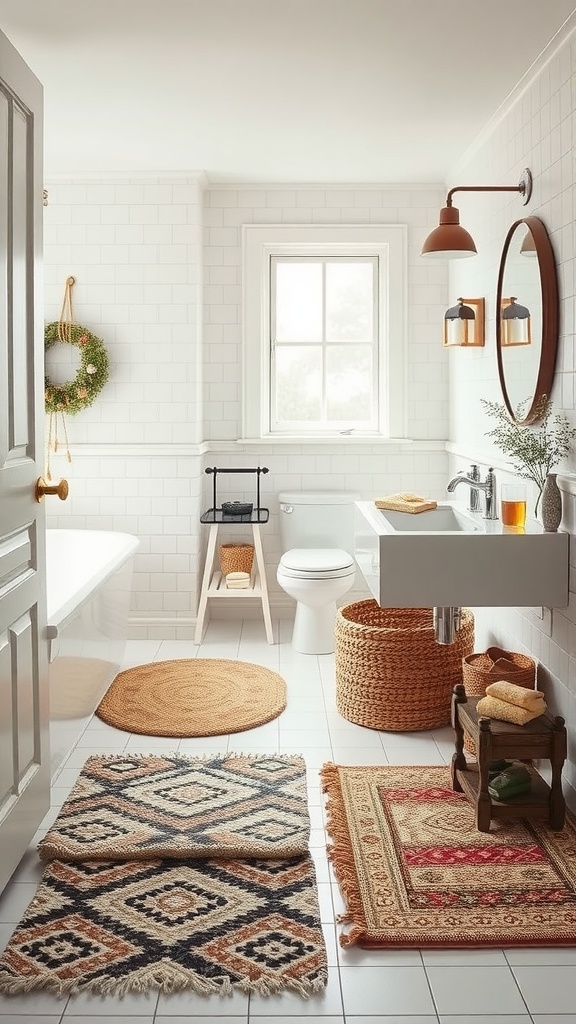 Cozy modern farmhouse bathroom with various rugs and mats on the floor