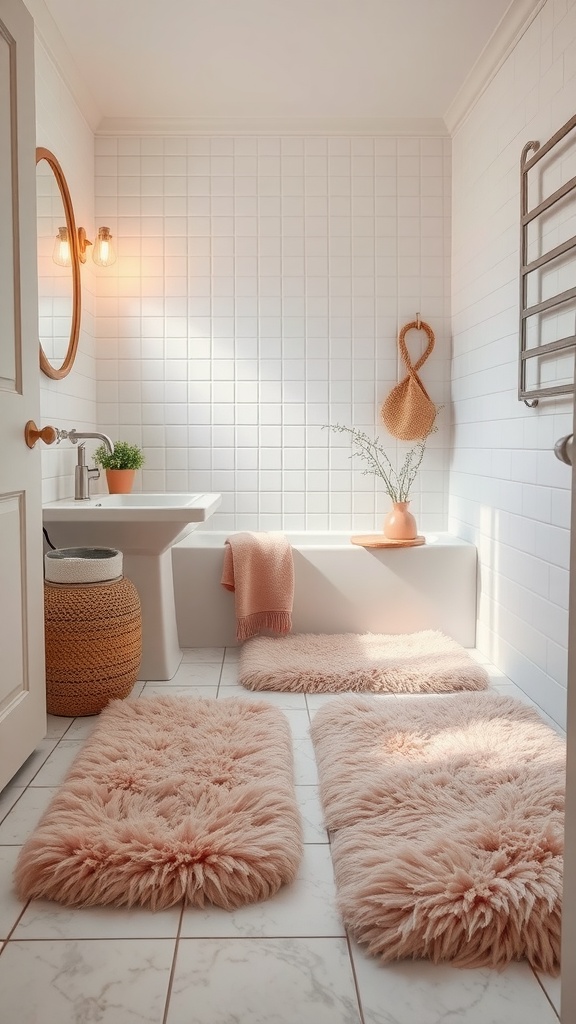 Cozy pink bathroom rugs on a tiled floor
