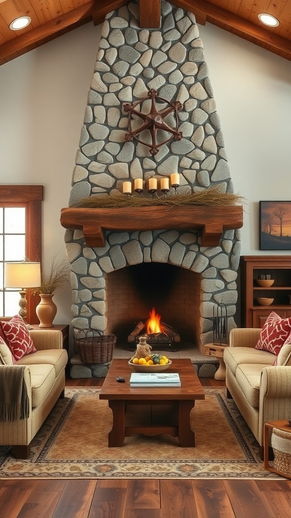 Cozy western farmhouse living room featuring a stone fireplace as the focal point.