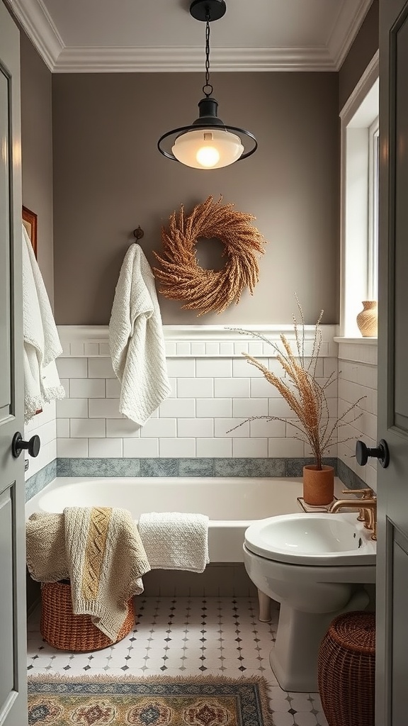 Cozy jack and jill bathroom with warm textiles and decorative accessories