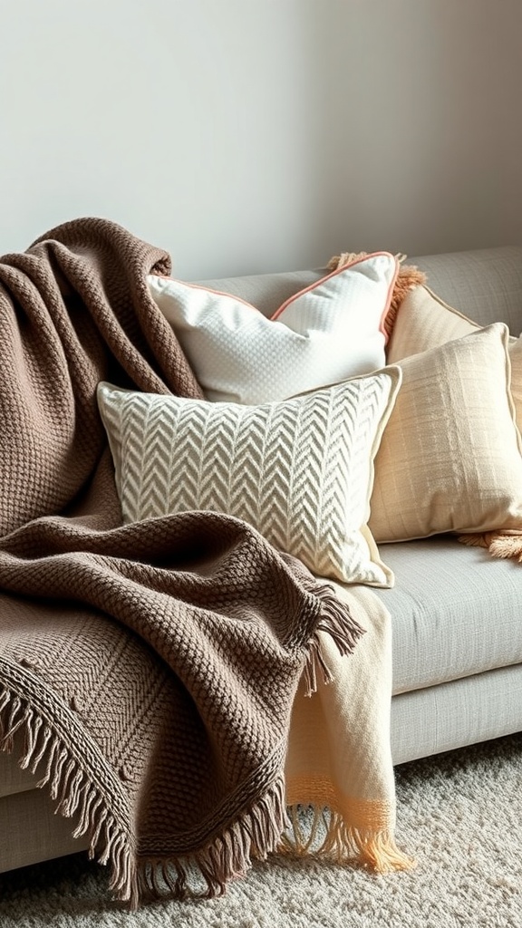 Cozy sofa with various textures of pillows and throws in a coastal living room