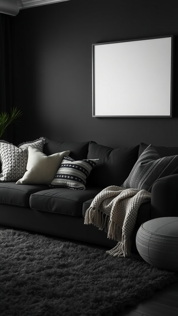 A cozy black living room featuring a black sofa with textured pillows, a knitted throw, and a plush area rug.