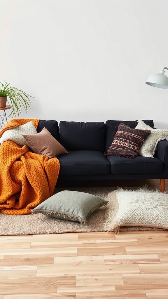 Cozy living room with a black couch, warm orange blanket, and assorted pillows on a soft rug.