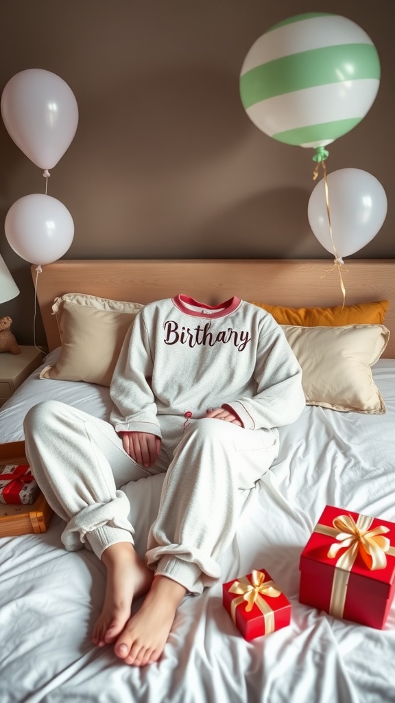 A person wearing cozy loungewear with 'Birthday' text sitting on a bed surrounded by balloons and gift boxes.