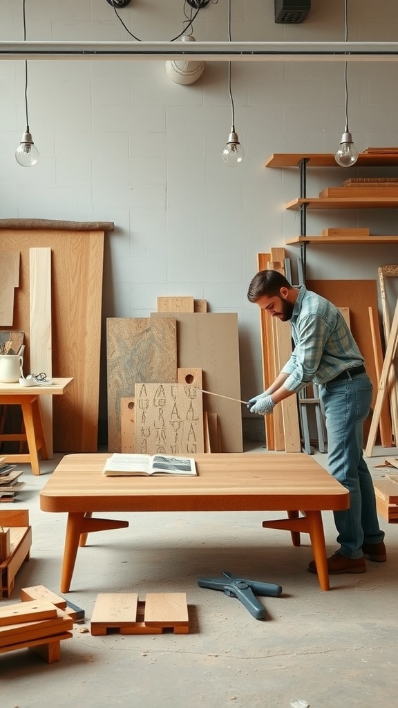 A craftsman measuring wood in a workshop, surrounded by materials for making a mid-century modern coffee table.