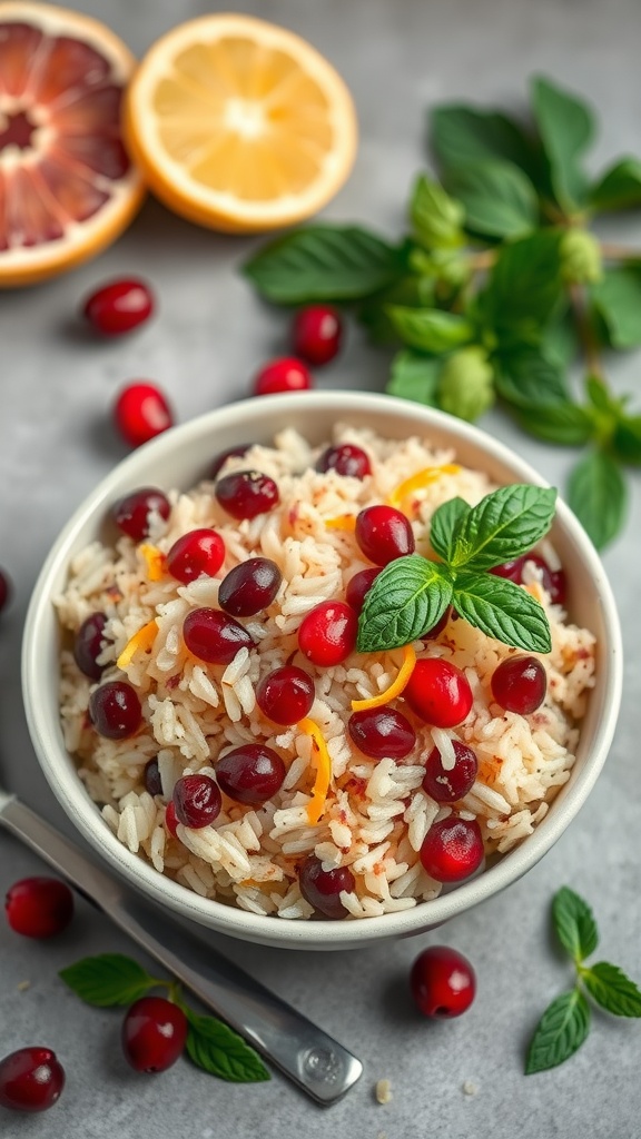 A bowl of cranberry and citrus sweet rice with mint leaves and citrus slices.