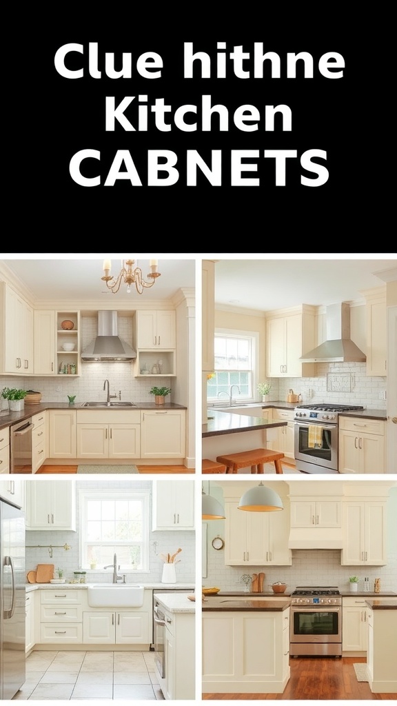 A collage of kitchens featuring cream cabinets in different styles.