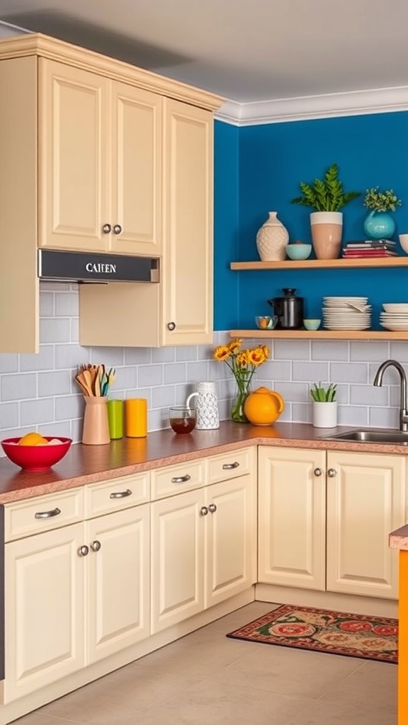 A kitchen featuring cream cabinets and a blue accent wall, with colorful decor and a wooden countertop.