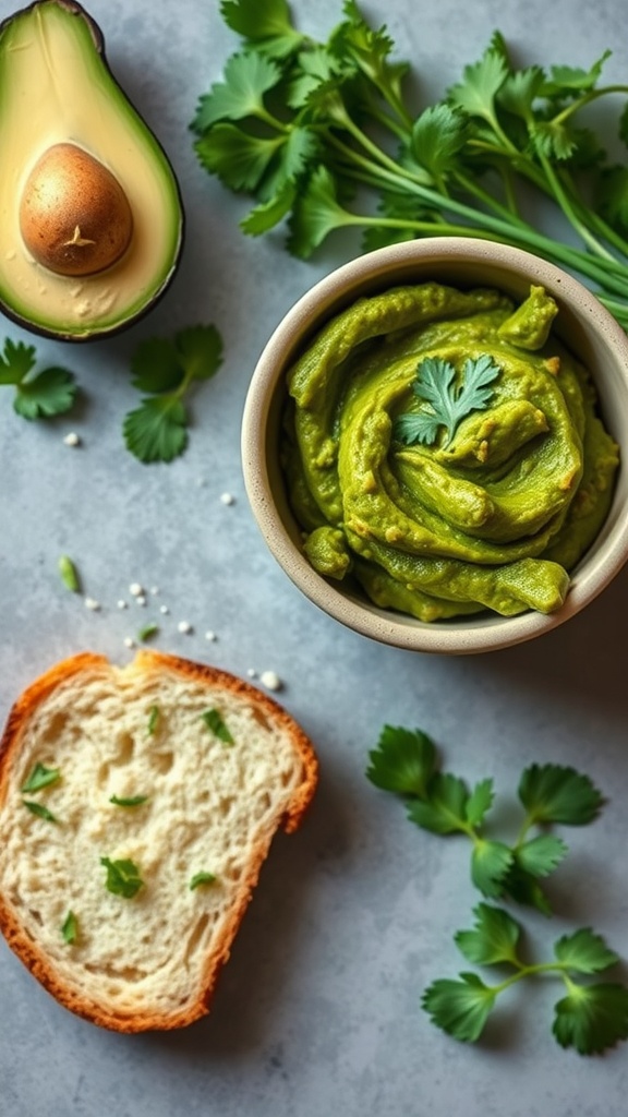 Creamy avocado spread with cilantro next to bread and fresh cilantro