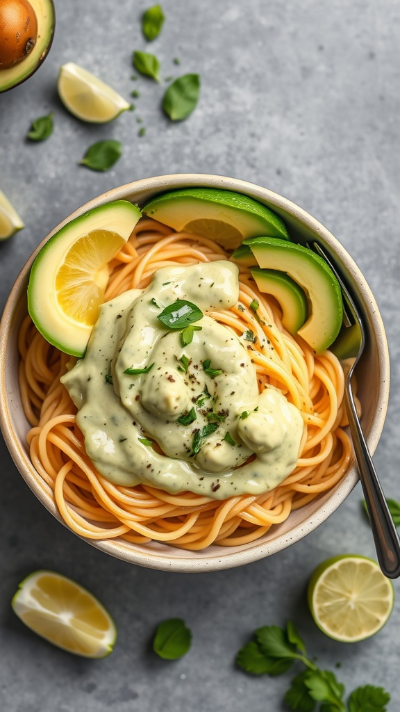 A bowl of spaghetti topped with creamy avocado and lime sauce, garnished with cilantro and lime slices.