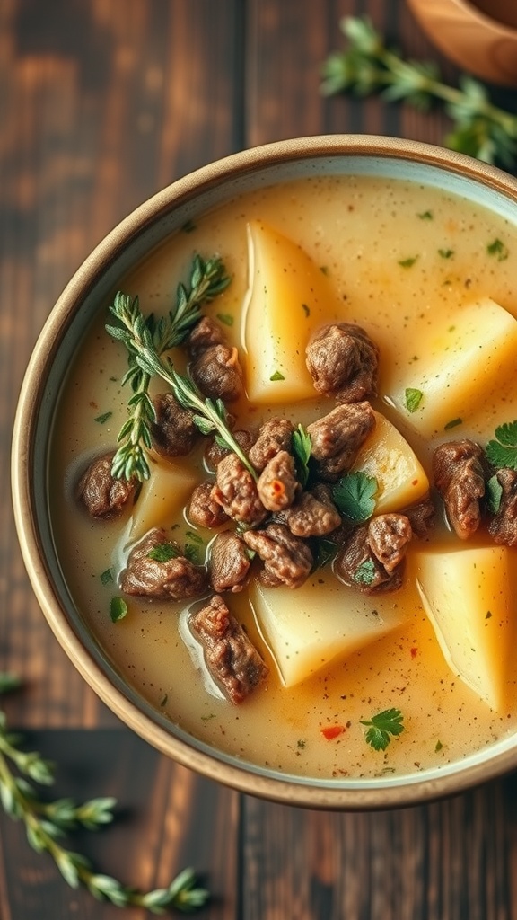 Bowl of creamy beef and potato soup with herbs