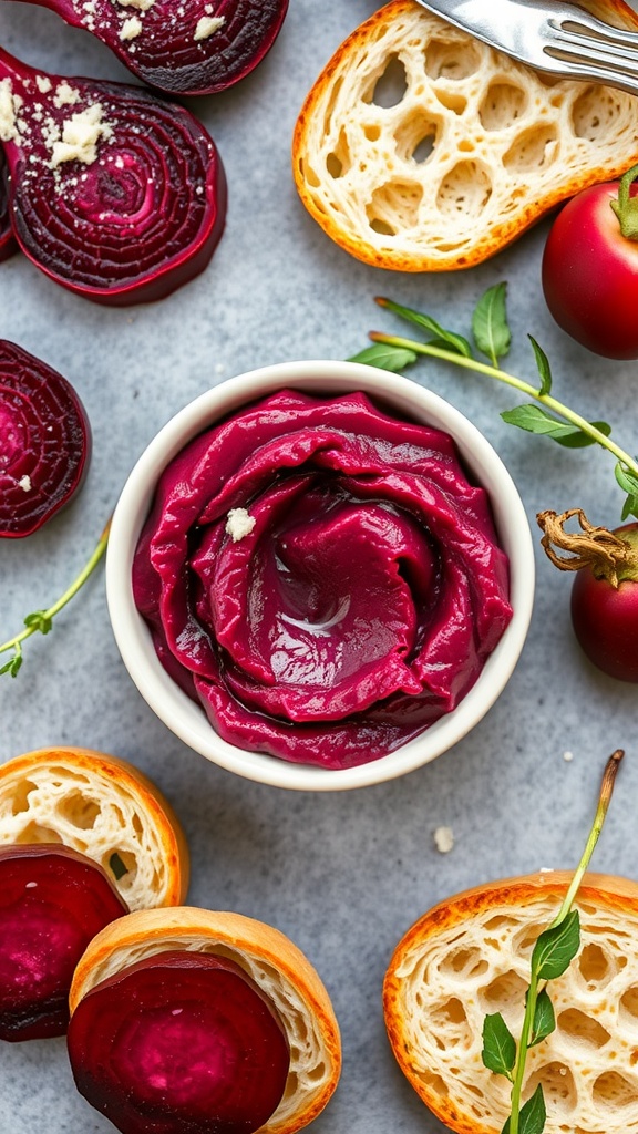 A creamy beetroot and goat cheese spread in a bowl, surrounded by bread and beet slices.