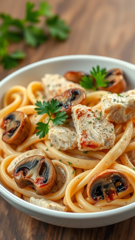 Creamy chicken and mushroom pasta in a bowl