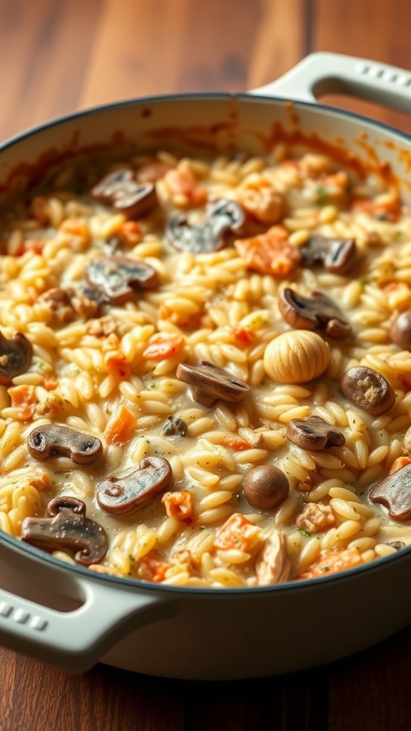 Creamy chicken and mushroom rice casserole in a baking dish.