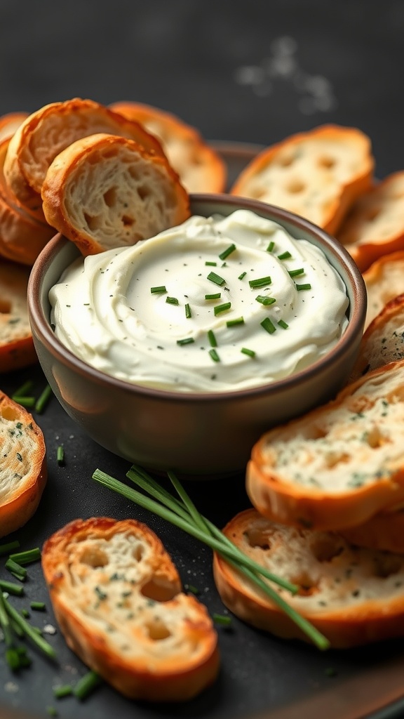 A bowl of creamy garlic and herb cheese spread with slices of toasted bread around it