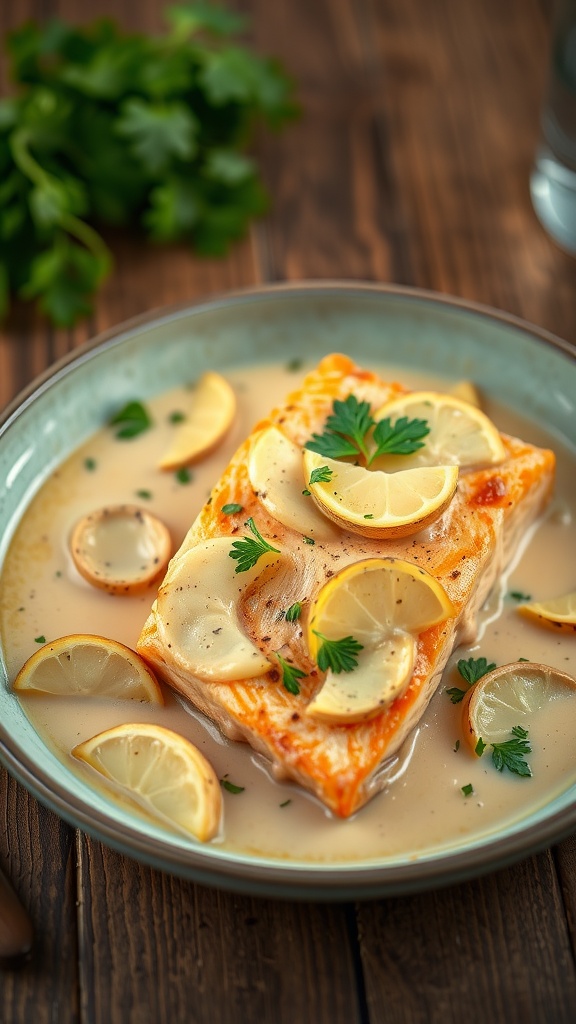 Delicious creamy garlic butter salmon served with lemon slices and parsley