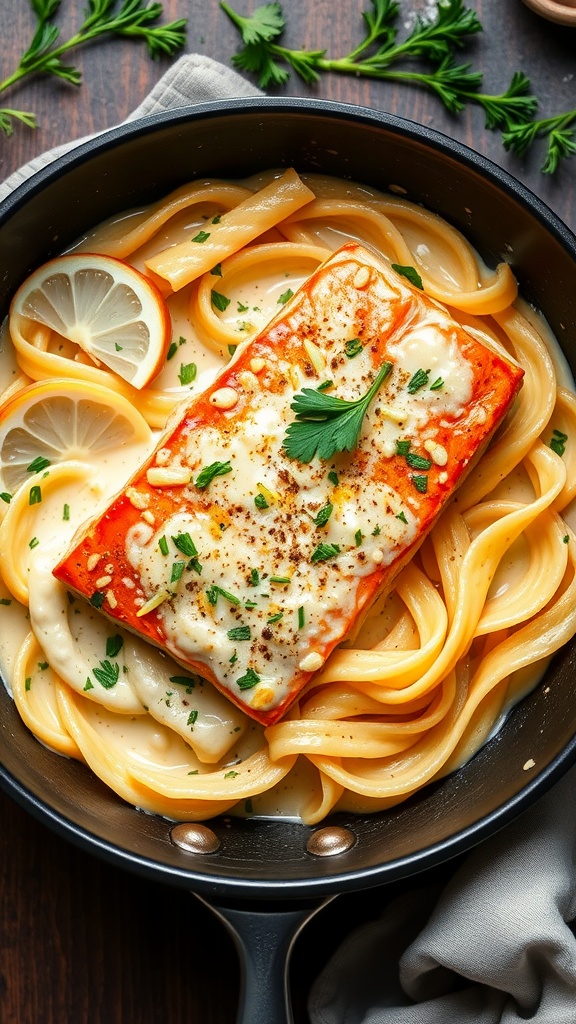 Creamy Garlic Parmesan Salmon with fettuccine in a pan garnished with parsley and lemon.