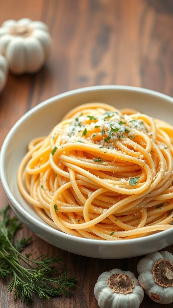 A bowl of creamy garlic parmesan spaghetti topped with herbs.
