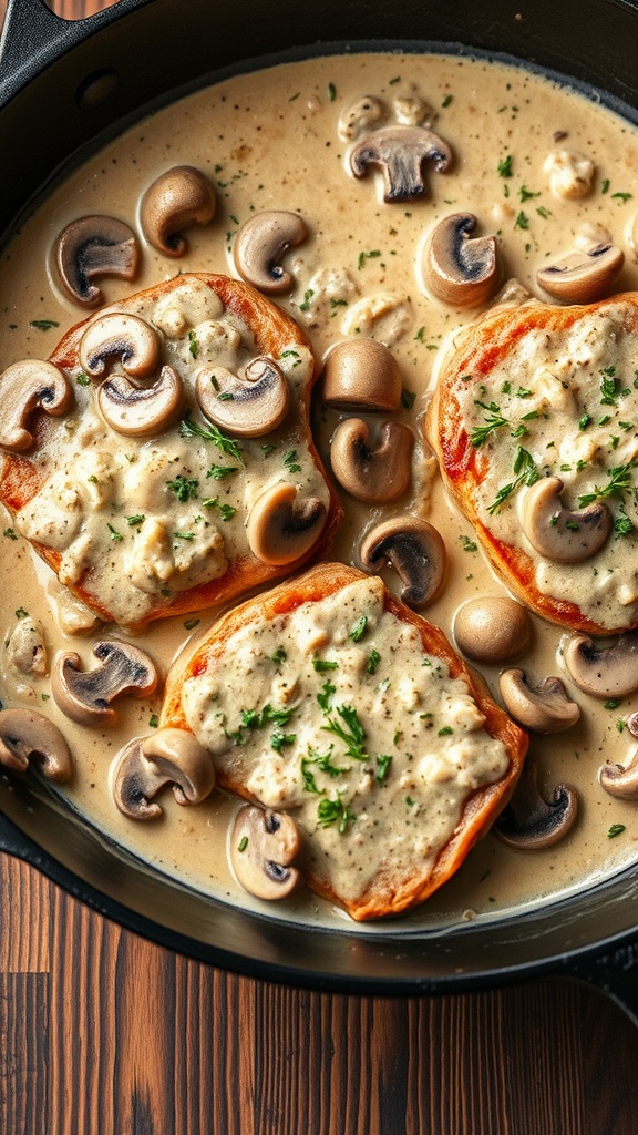 Creamy mushroom sauce pork chops in a skillet