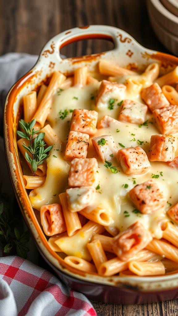 A creamy salmon pasta bake with pasta and salmon pieces topped with melted cheese.