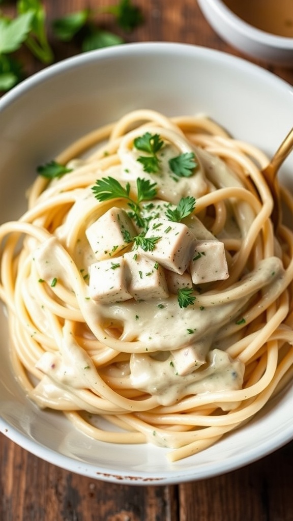 Bowl of creamy tofu alfredo pasta topped with herbs.
